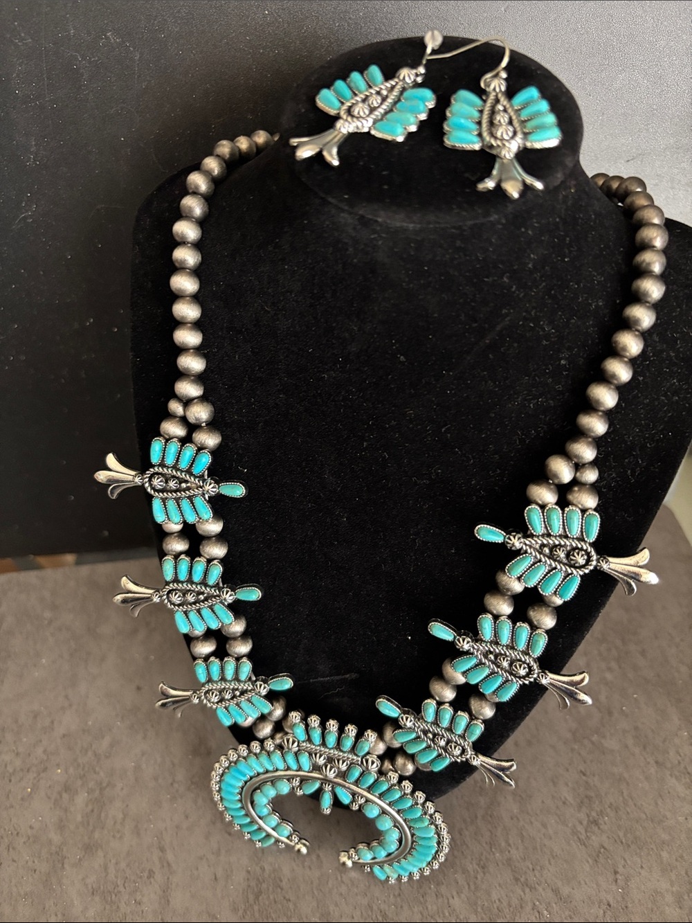 Turquoise Zuni-Inspired Squash Blossom Necklace Set - Fashion Jewelry